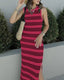 Sleeveless Knit Striped Dress – Mid-Length Side Slit Casual Look